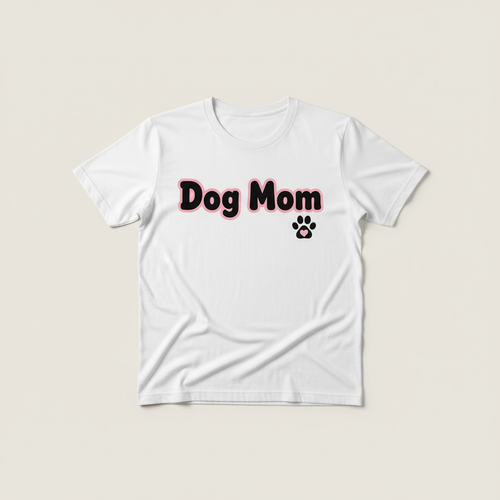 White Dog Mom t-shirt with bold text and paw print