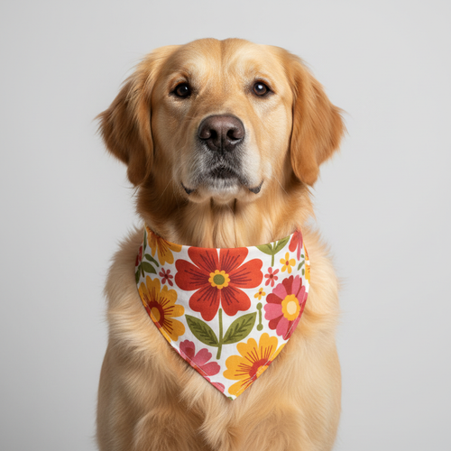 Colorful floral pet bandana tied around a dog's neck